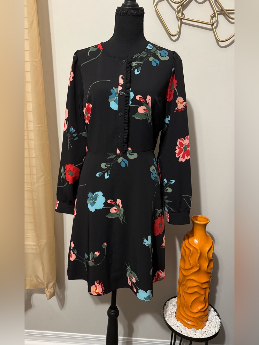 LOFT Black Long-Sleeve Floral A-Line Dress